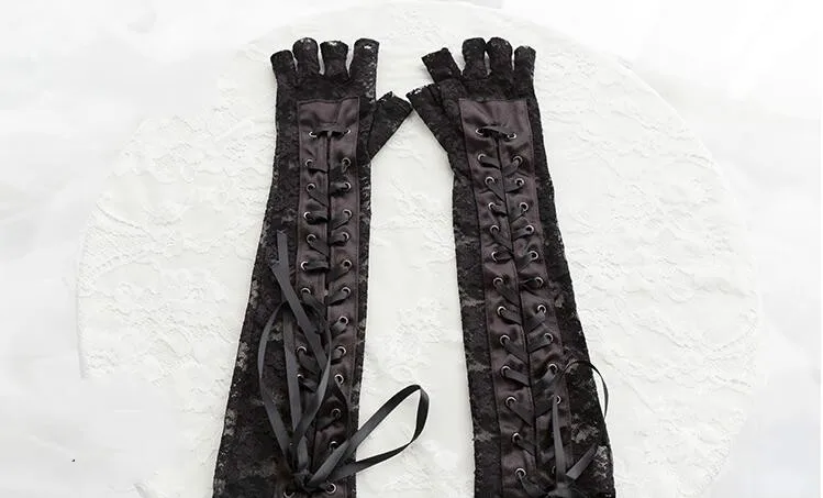 Fancy Satin Lace Up Bandage Gloves Clothes Accessory  Long Fingerless Gloves Women Gothic Punk Rock Costume Lolita Accessories