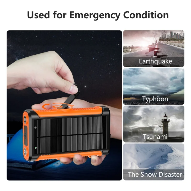 20000mAh Hand Crank Solar Power Bank Dual USB with Camping Light Powerbank Wireless Charging for iPhone 16 15 iwatch Waterproof 3