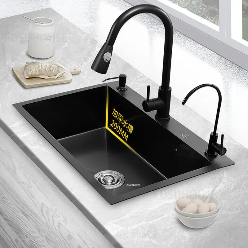 Stainless Steel Kitchen Sinks Black Nano Large Single-slot Wash Basin Under Countertop Thicken Washing Sink Kitchen Accessories 3