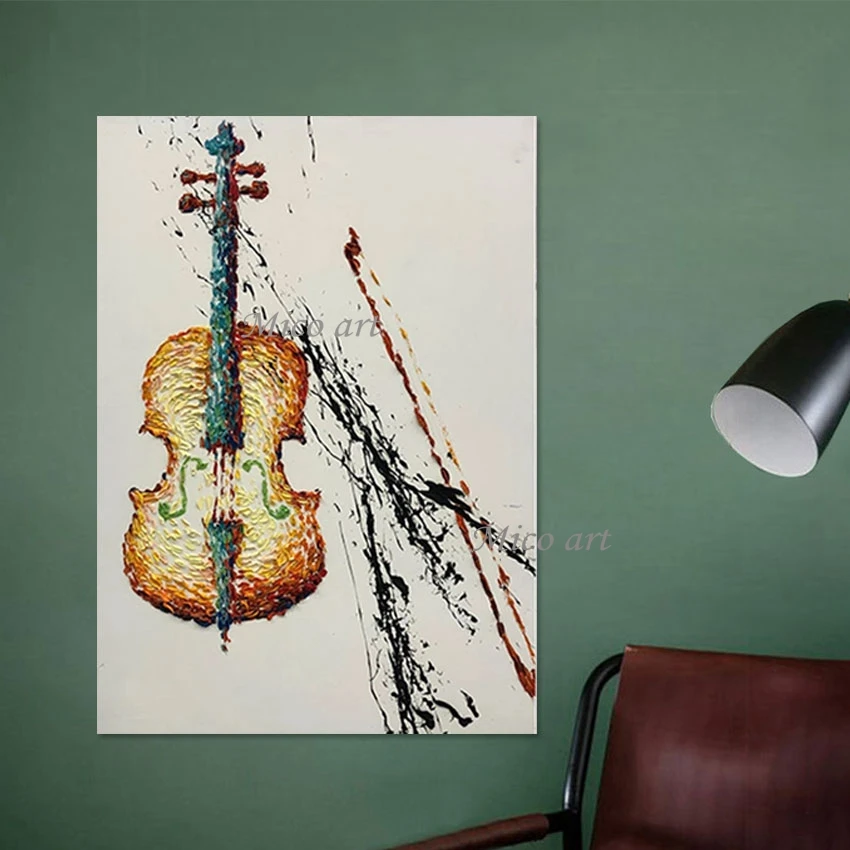 

Violin Art Simple Abstract Hand Painting Canvas Artwork, Student Room Decoration, Modern Instrument Design Texture Wall Picture