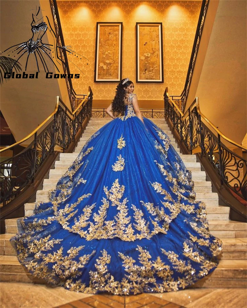 

Royal Blue Sheer O Neck Ball Gown Quinceanera Dress For Girls Beaded Sequined Tiered Birthday Party Gowns Prom Dresses Vestido D