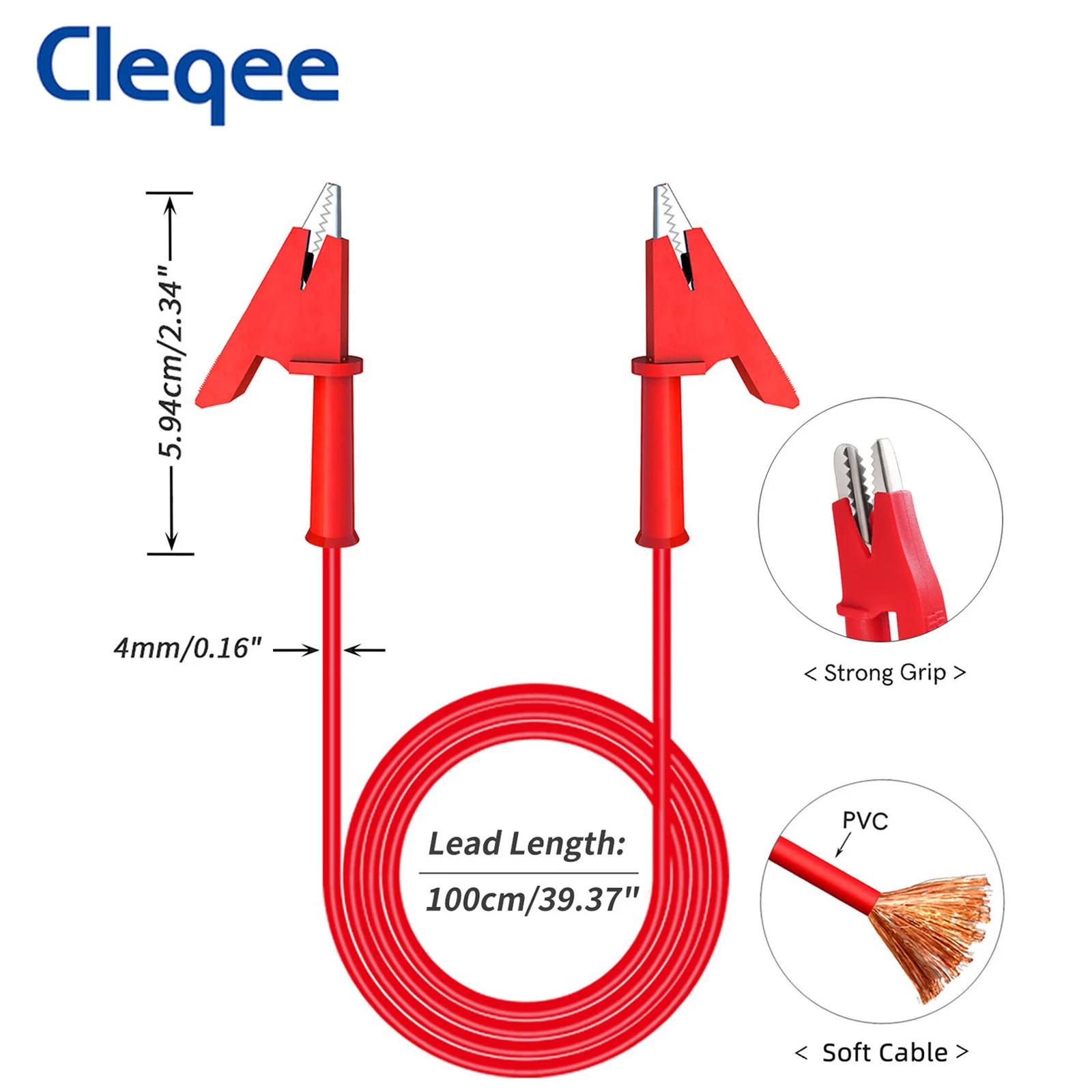 Cleqee P1024 2PCS Dual Alligator Clips Test Leads Heavy Duty Crocodile Clamps Multimeter Test Wires 1000V 15A 100cm Cable