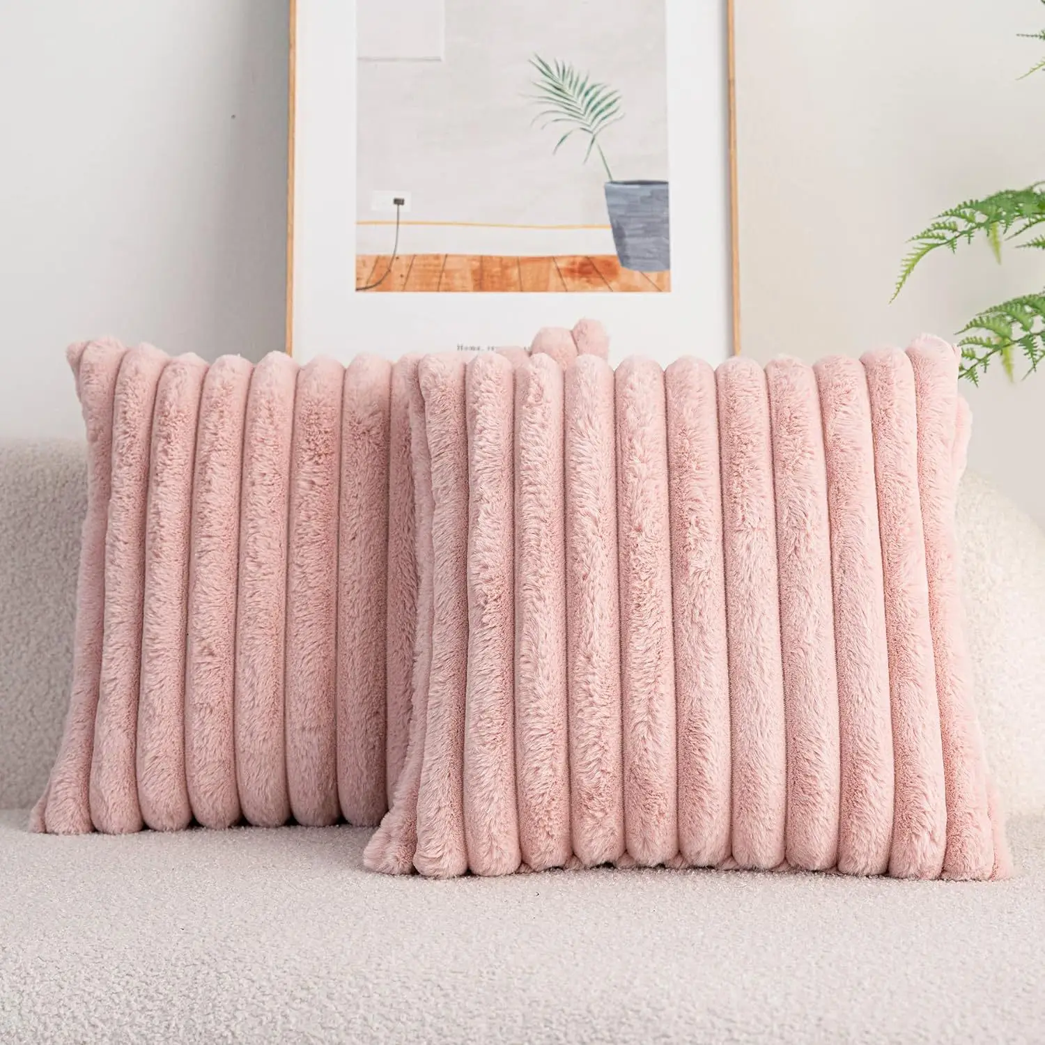 Luxurious Faux Rabbit Fur Striped Cushion Cover – Super Soft Solid Color (24×24 inch)