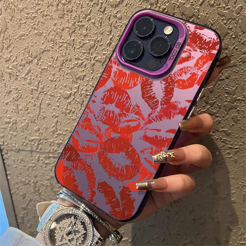 thumbnail image 1 of Funda de teléfono con IMD de plata galvanizada con labios rojos y chica sexy para iPhone 15, 16 Pro Max, 14, 13, 12, 11, XR, XS, 7, 8 Plus, carcasa trasera a prueba de golpes, 1 of 5
