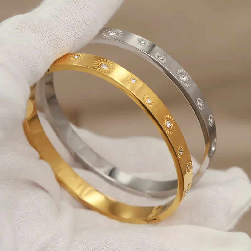 316L Classic Stainless Steel Crystal Sun Bracelet for Women Elegant Bangles Rust-proof Simple Bangle Wrist Jewelry 4