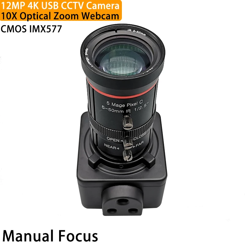 

12MP 10X Optical Zoom USB Camera 4K with 5-50mm Varifocal CS Lens CMOS IMX577 Sensor Manual Focus Webcam HD CCTV PC Video Camera