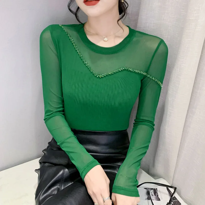 

Autumn New 2022 Women's T-Shirt Fashion O-Neck Long Sleeved Hot Diamond Mesh Tops M-3XL Blusas Clothing