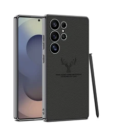 Ultrathin Leather Elk Phone Case with Plating - Soft Border & Lens Protect Magsafe Shockproof Cover - Galaxy S23 Ultra (Black)