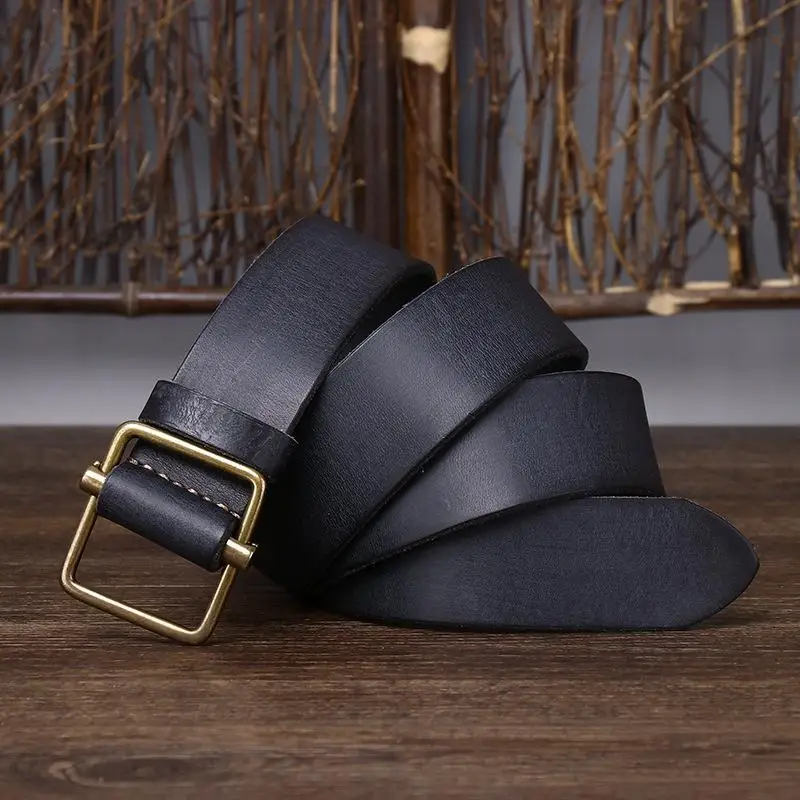 100% Genuine Leather  3.8 Wide Pure Cowhide  for Men's High Quality Jeans No Drilling Smooth Buckle Belts  Waistband Male Fashio