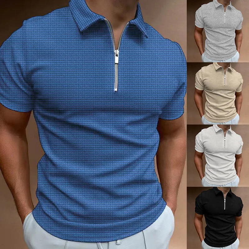 

European And American Spring And Summer New Waffle Zipperpoloshirt Plaid Color Matching Mentshirt Top
