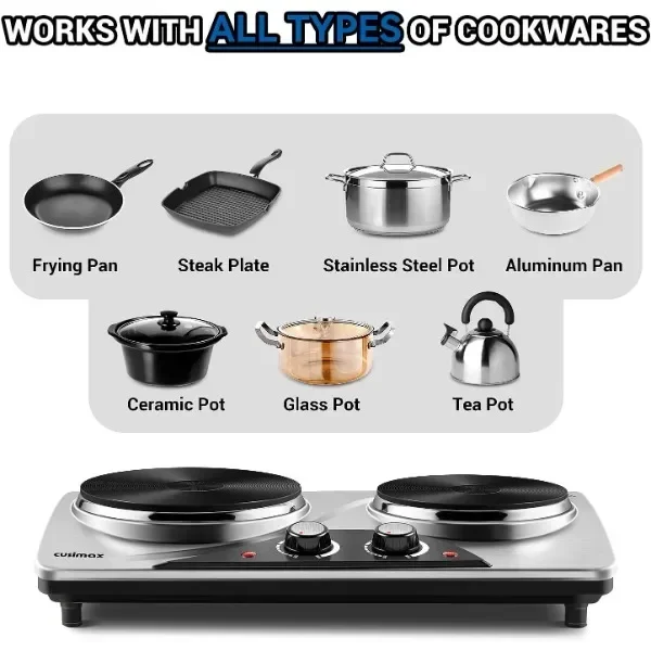 CUSIMAX Double Burners, 1800W Electric Hot Plate for Cooking Double Countertop Burner Portable Cast Iron Hot Plates 2
