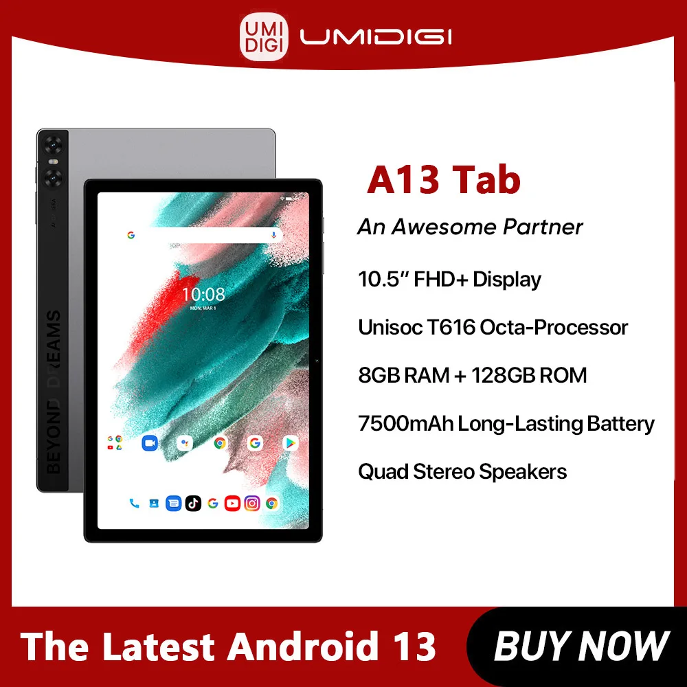 

UMIDIGI A13 Tab Smart Tablet Android 13 8GB+128GB 10.51" FHD+ Display 7500mAh Mega Battery Unisoc T616 Cellphone