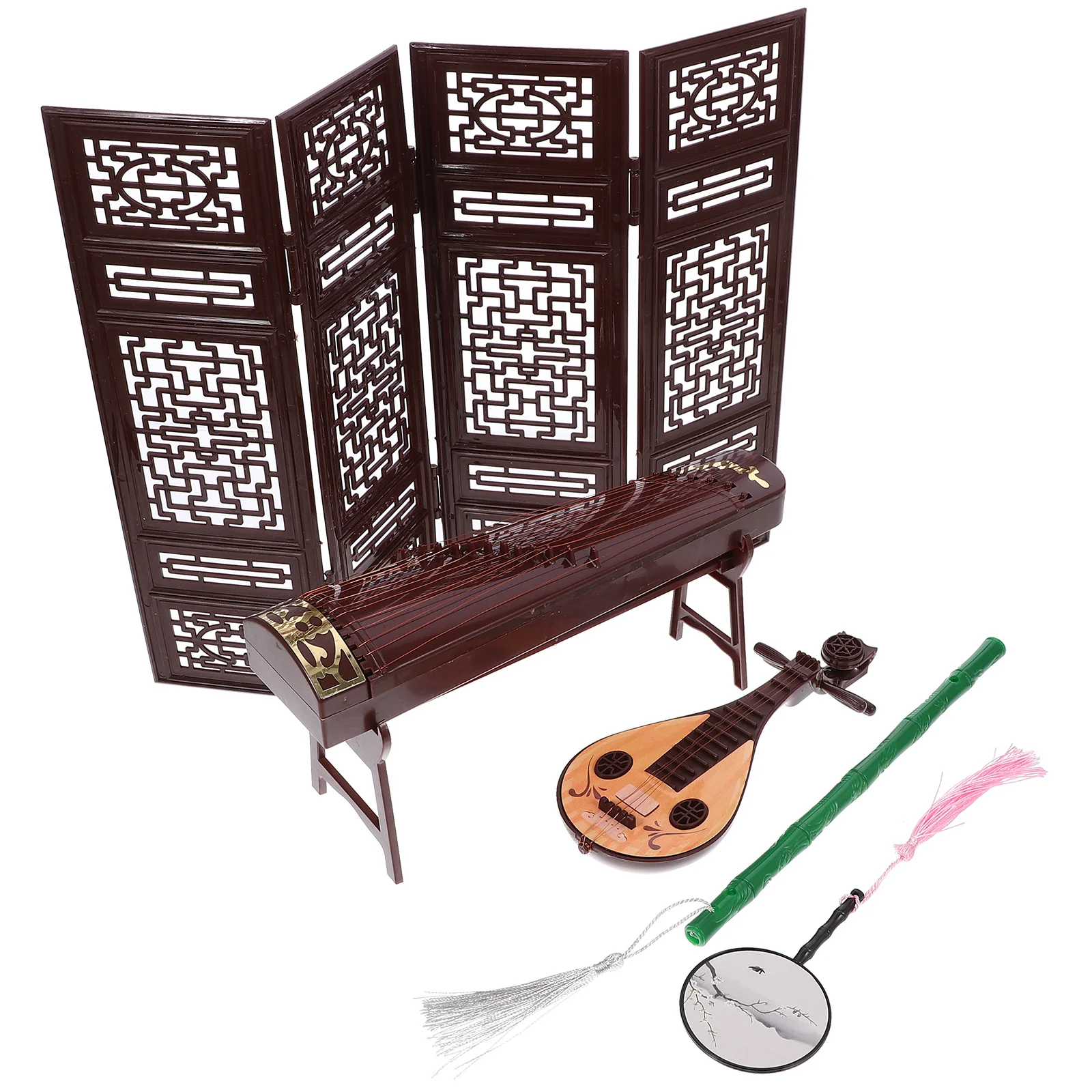 

Китайский кукольный домик, музыкальный инструмент, миниатюрные разделители для экрана, миниатюрный ручной мини-веер, модель для кукольного домика Пипа гучжэн, миниатюрная музыка