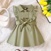 Wholesale Kids Girls Retro Solid Color Trench Belted Dress Double Breasted Elegant Summer Baby Dress 1