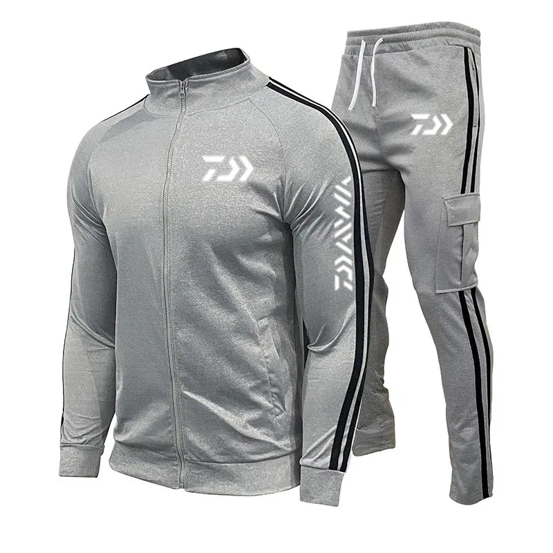 2022 Spring New DAIWAFishing LOGO Men's Zipper Cardigan Jacket + Sports Pants Suit Striped Running Gym Basketball Jogging 2-Piec Men's Sets Men's Sets