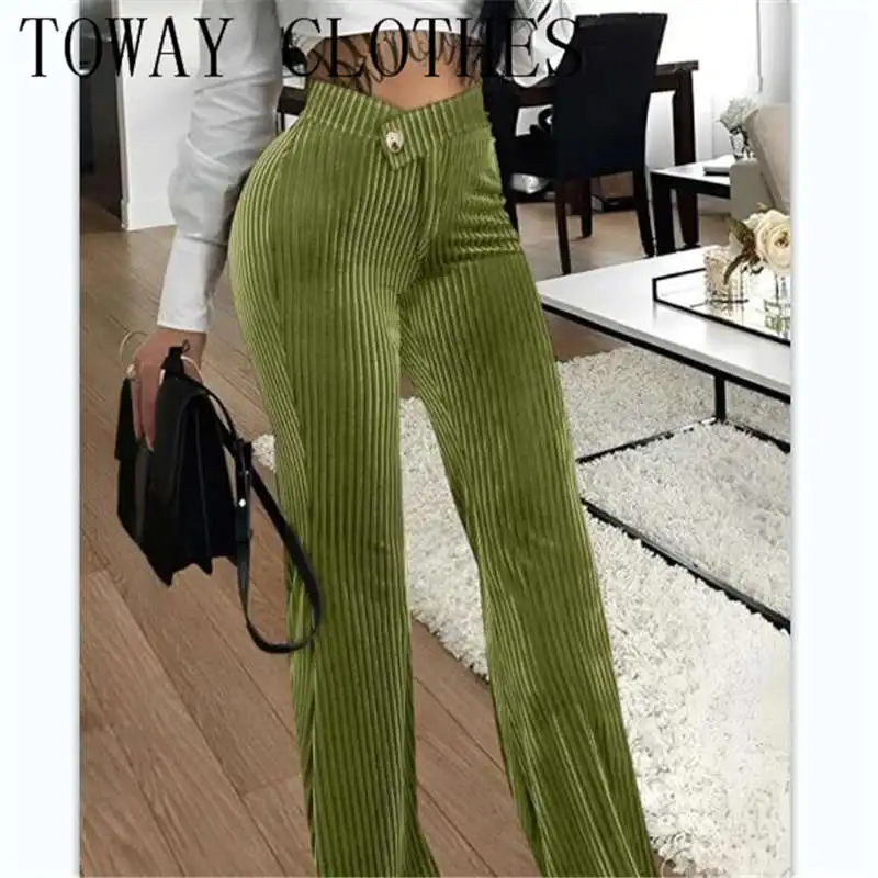 

Women Casual High Waist Asymmetrical Hollow Out Solid Corduroy Working Straight Leg Pants