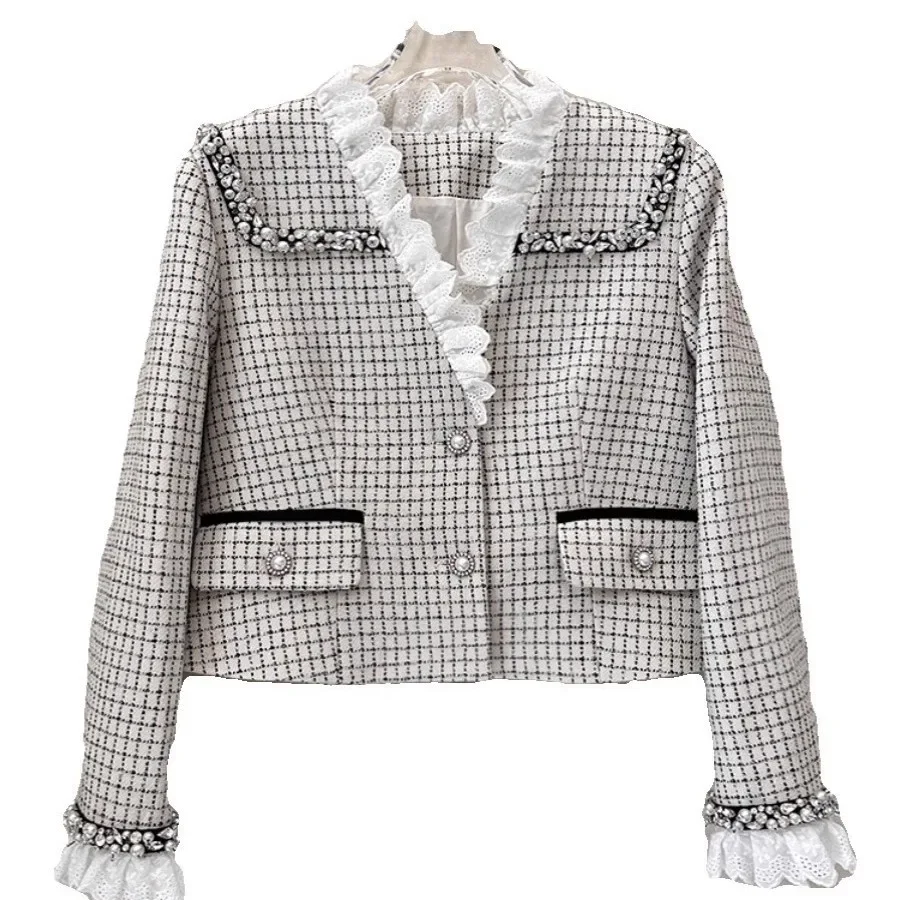 

Plaid Tweed Jacket with Lace and Lace Stitching with Diamond Studded Beads Miu Style V-neck Cardigan Top for Women in Autumn