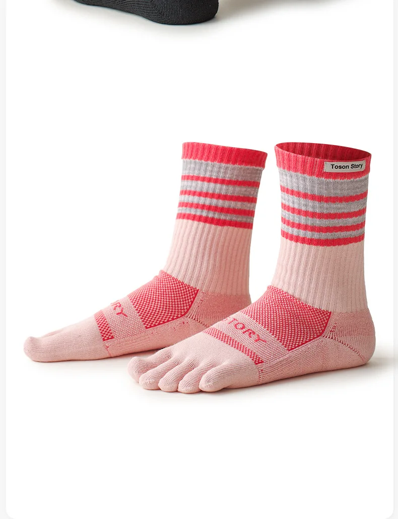 1 Paar COOLMAX Damen-Sportsocken mit Zehenpartie, rosa gestreift, schnell trocknend, schweißableitend, elastisch, Fünf-Finger-Radsocken für den Außenbereich – Detail 9