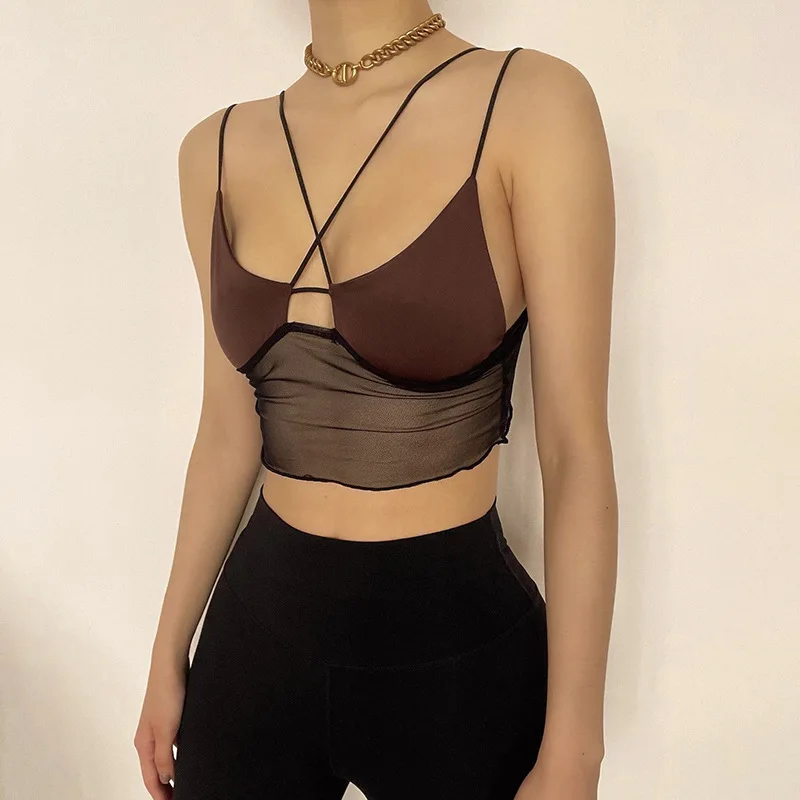 2022 New Style Women's Chic Sexy Cropped Top Sheer Mesh Floral Camisole Skin-Friendly/Comfortable Navel Ladies Top cheap bras