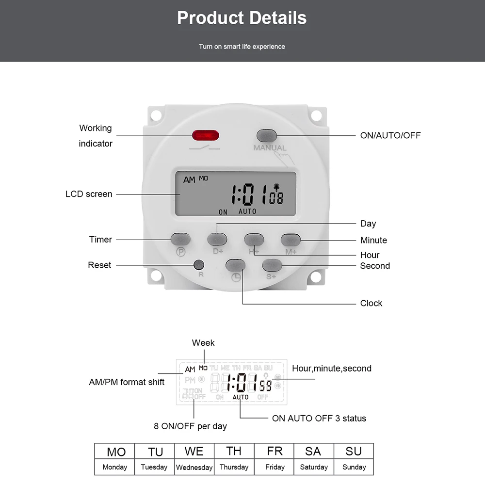 Gaqqee 1 Second Interval 12V 24V 110V 220V Digital LED Timer Switch 7 Days Weekly Programmable Time Relay Programmer CN101S 4