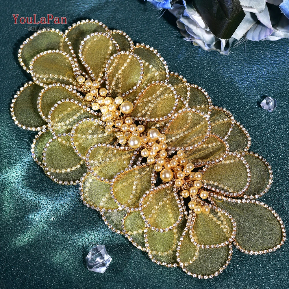 Handmade Mesh Flower Headband Women Gold Color Pearl Headwear Hair Accessories Rhinestone Wedding Headdress HP681