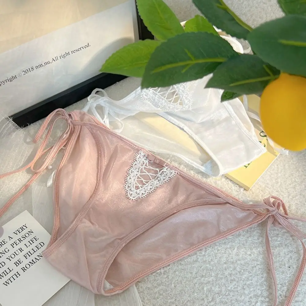 

Retro Solid Color Lingeries Hollow Out Low-waist For Girls Korean Underwear Sweet Briefs Women Satin Panties Ice Silk