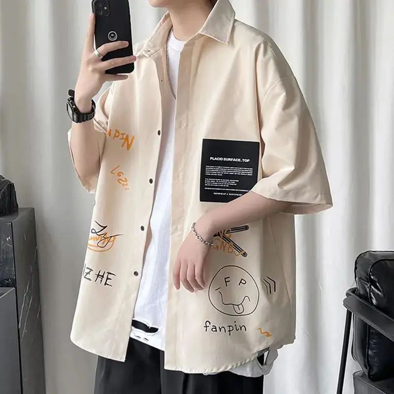 Men's Clothing Summer Casual Hong Kong Breeze Fashion Short Sleeve Printed Loose Trend Korean Version Handsome All-match Shirt