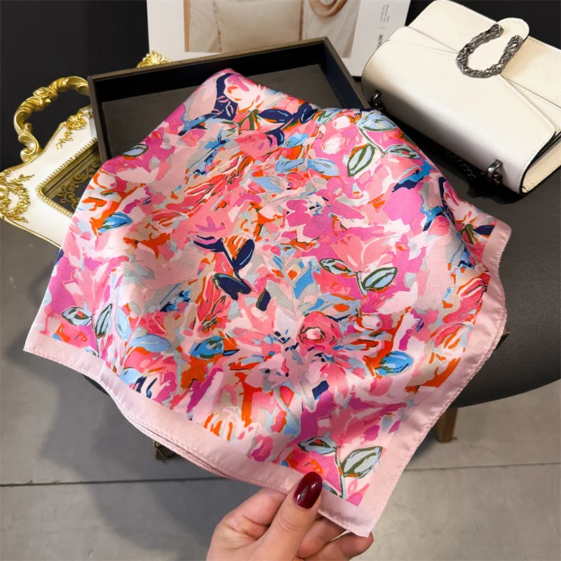 70*70cm Design Druck Schal Frauen Silk Schals Bandana Hijab Halstuch Schal Kopftuch Haarband Foulard Luxus – Detail 17