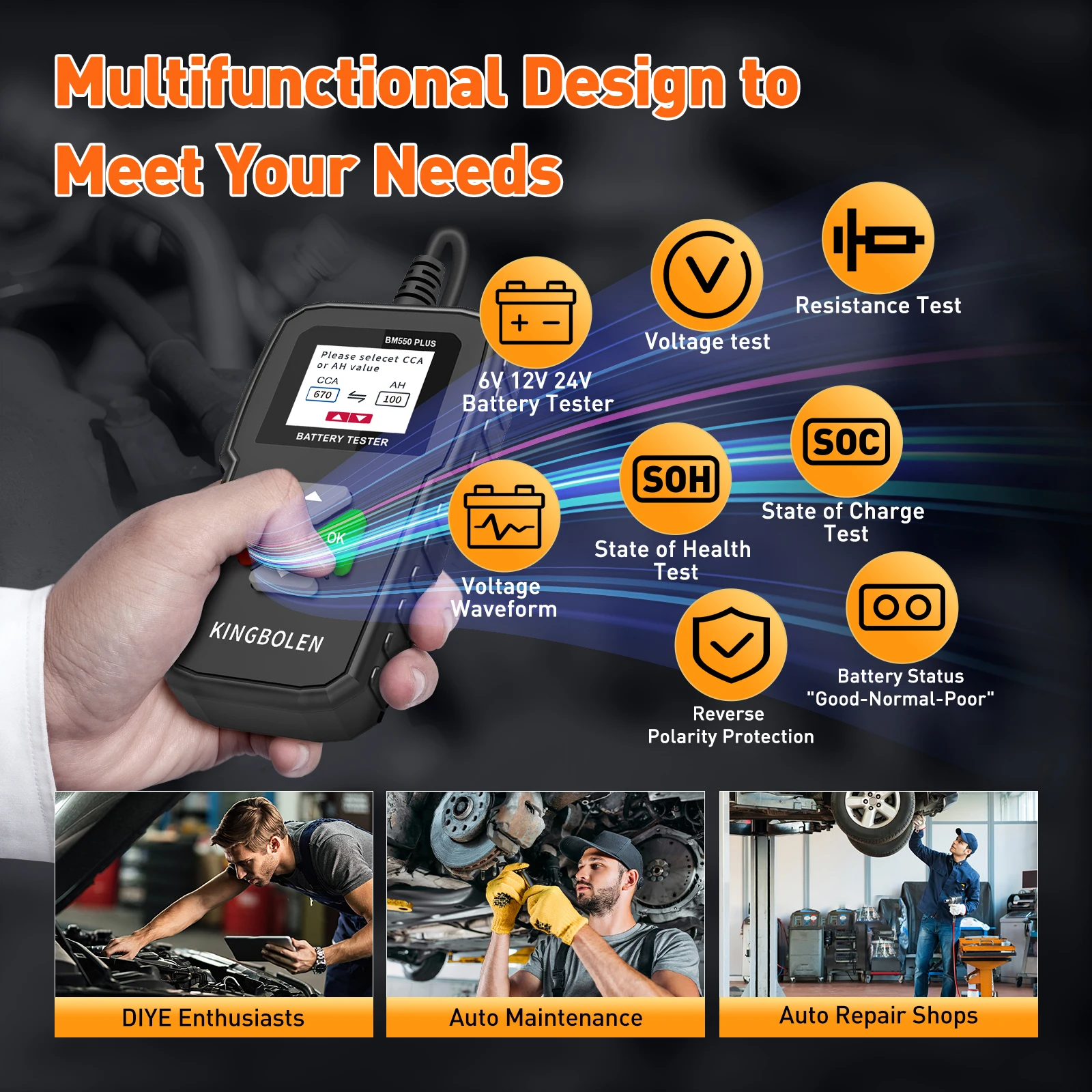 KINGBOLEN BM550 PLUS Car Battery Tester 6V 12V 24V CCA SOC Waveform Test Color Screen Auto Battery System Detect Analyzer Tools 5