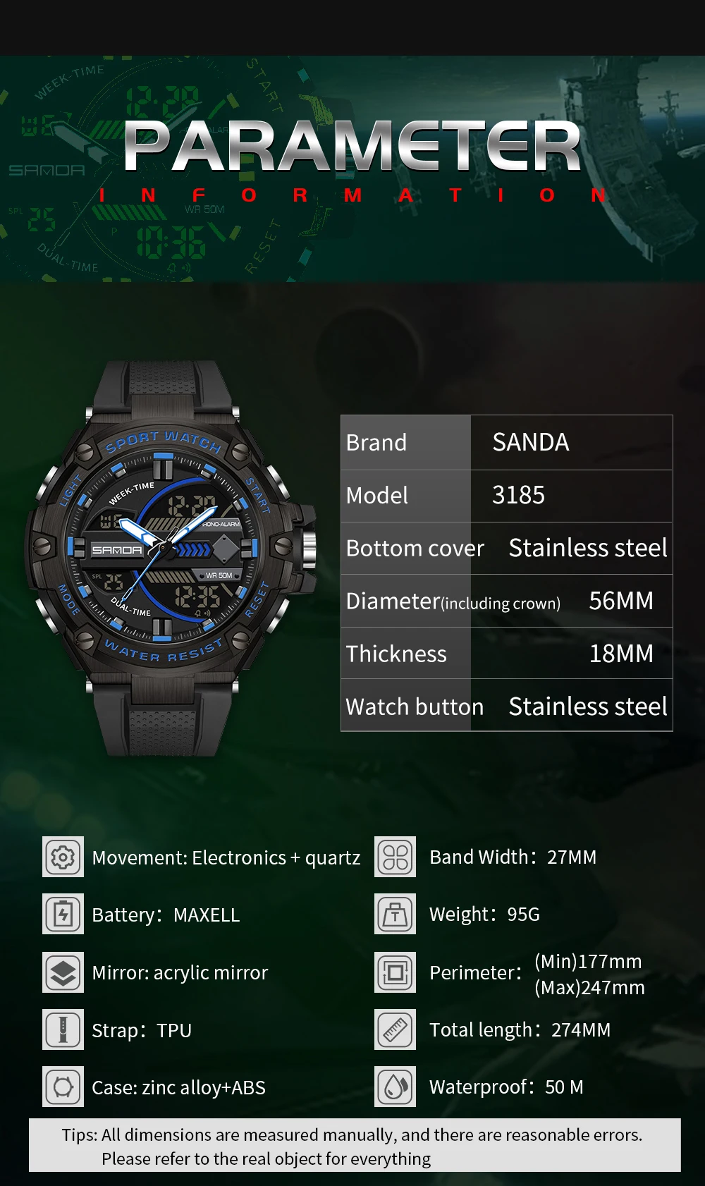 SANDA2023 Hot Selling New Electronic Men's Watch Fashion Trend Outdoor Sports Glow Waterproof Shockproof Alarm Clock Wristwatch