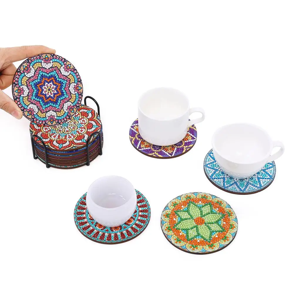 12pcs Diamond Art Coasters With Holder Diy Mandala Pattern Drink Cup Cushion Strong Adhesion Diamond Painting Kits For Crafts