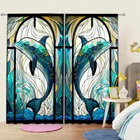 2-Panels Stained Glass Dolphin Decorative Curtains, Semi Transparent Without Lining, Durable Polyester Fiber Curtains 1
