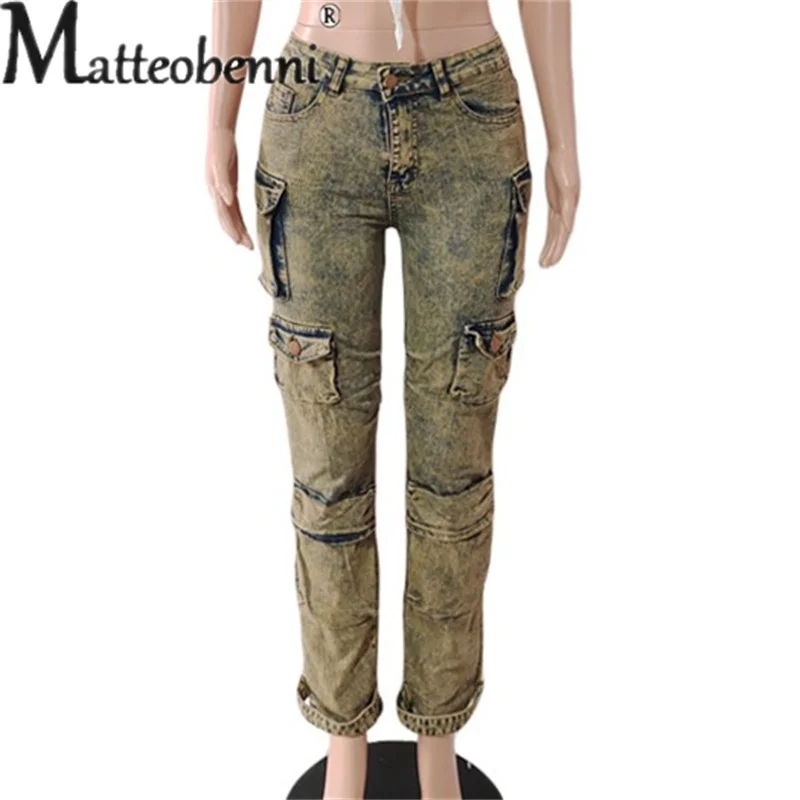 Vintage Multi-pockets Splicing Straight Jeans Women's Daily Casual Denim Pants Ladies Fashion Stretch Trousers Trend Streetwear