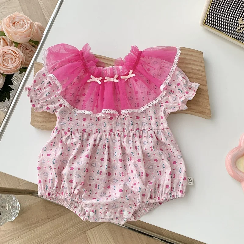 

Cute Newborn Baby Girl Clothes 2023 Summer Short Sleeve Ruffles Collar Flower Romper Bow Bodysuit Outfits Sunsuit For 0-24Months