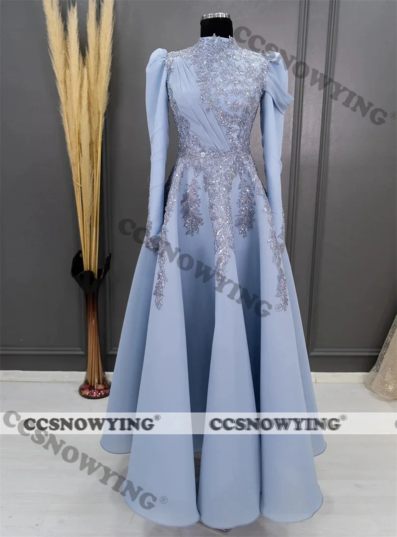 

Organza Appliques Full Sleeve Muslim Evening Dresses Islamic High Neck Hijab Women Formal Party Gown Arabic Dubai Robe De Soiree
