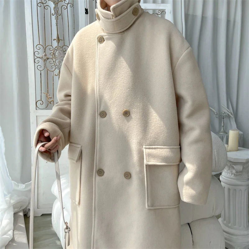 

Мужское двубортное шерстяное пальто, повседневное длинное Свободное пальто большого размера, теплое пальто в Корейском стиле для зимы