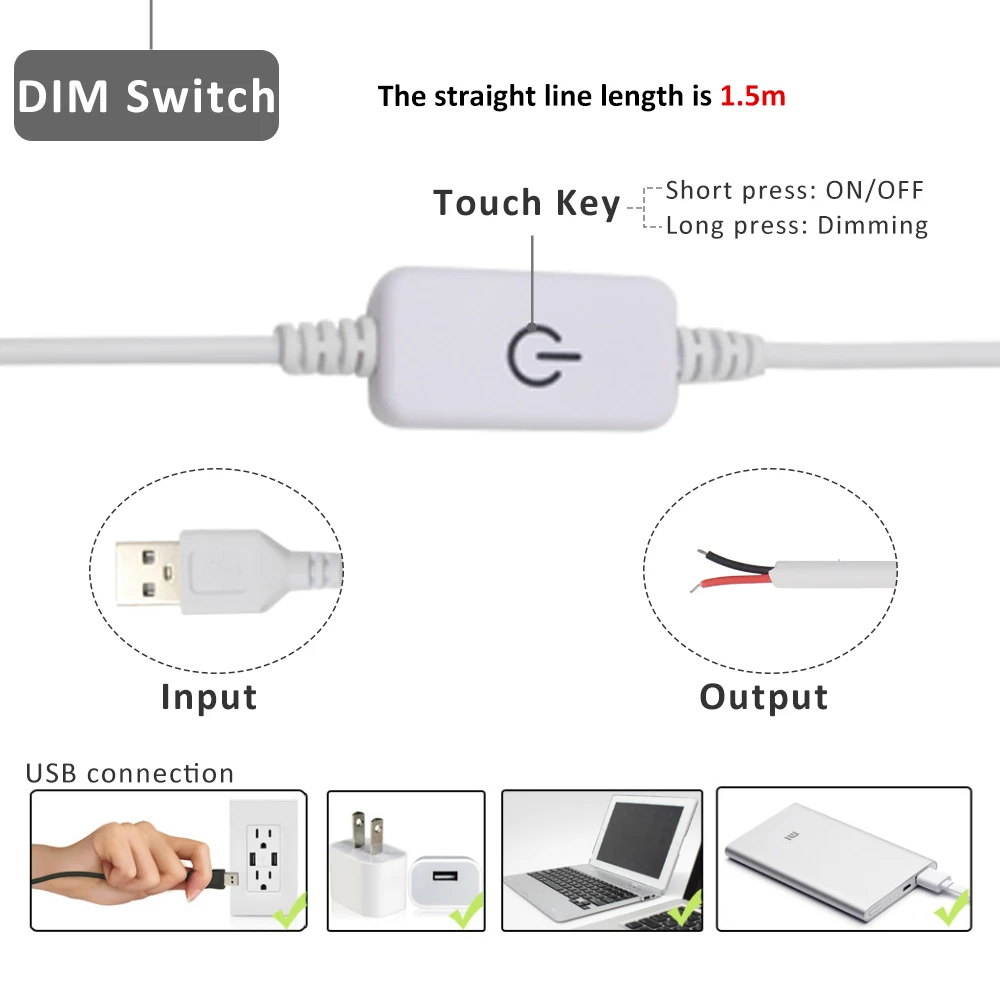 Joli de gradation tactile LED en ligne, bouton marche-arrêt, câble d'extension, gradateur pour document unique, bande lumineuse, USB, DC, 5V, 1.5m, 304, 501