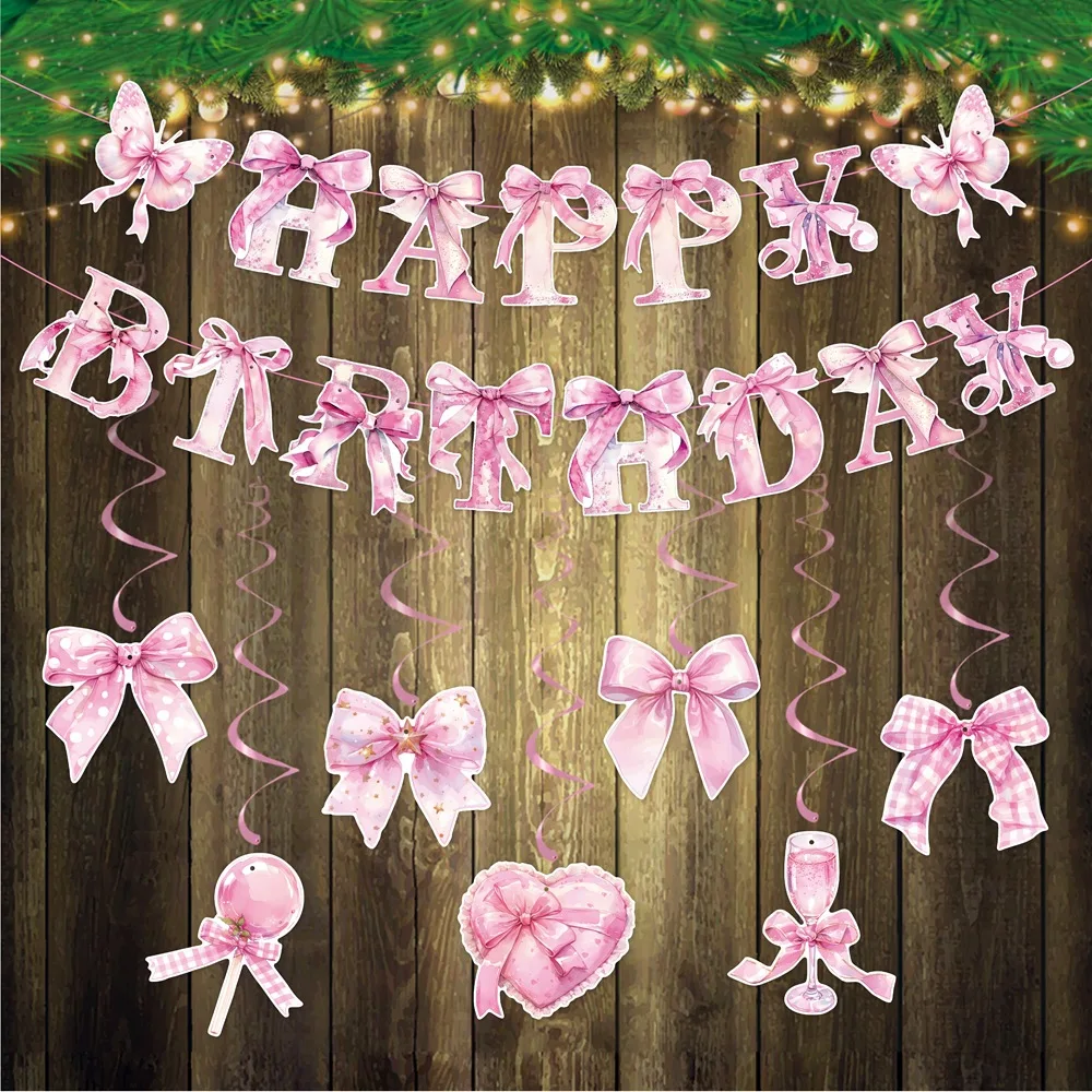 Sweet Pink Bow Theme Happy Birthday Banner Swirl Hanging Garland Photo  Props for Kids Girl Birthday Baby Shower Party Decoration - AliExpress, image size:1000x1000