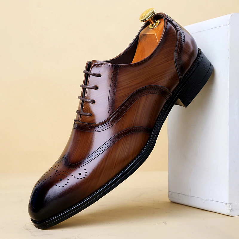 Men's Glossy Leather Brogue Shoes Lace Up Office Business Size 38-48 mens brogue shoes
