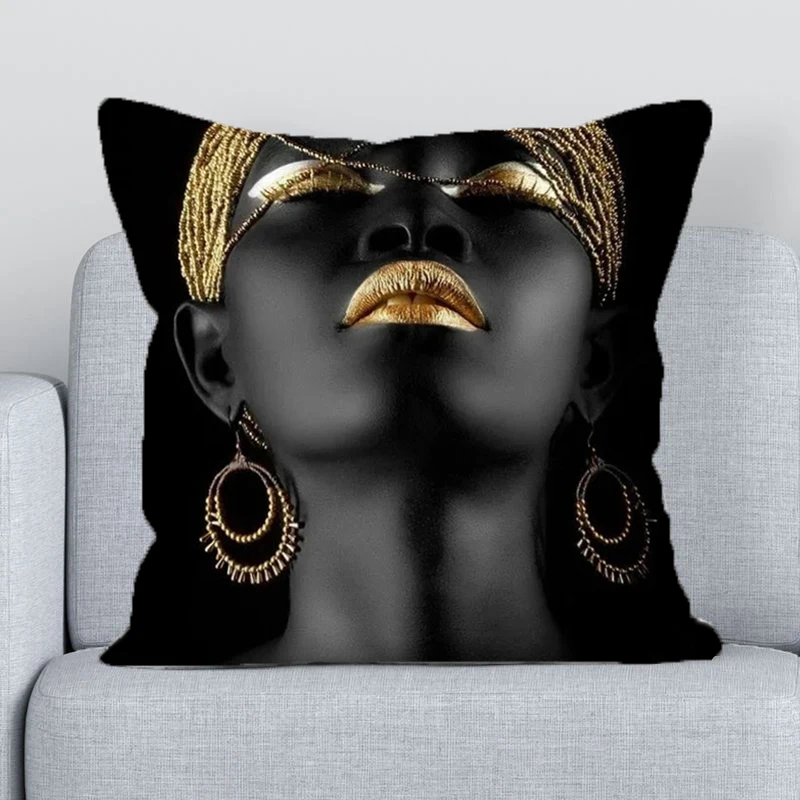 

Black Gold African Lady Decorative Pillowcase for Living Room Double-sided Printed Pilow Cases Custom Cushion Cover 45 × 45 Sofa