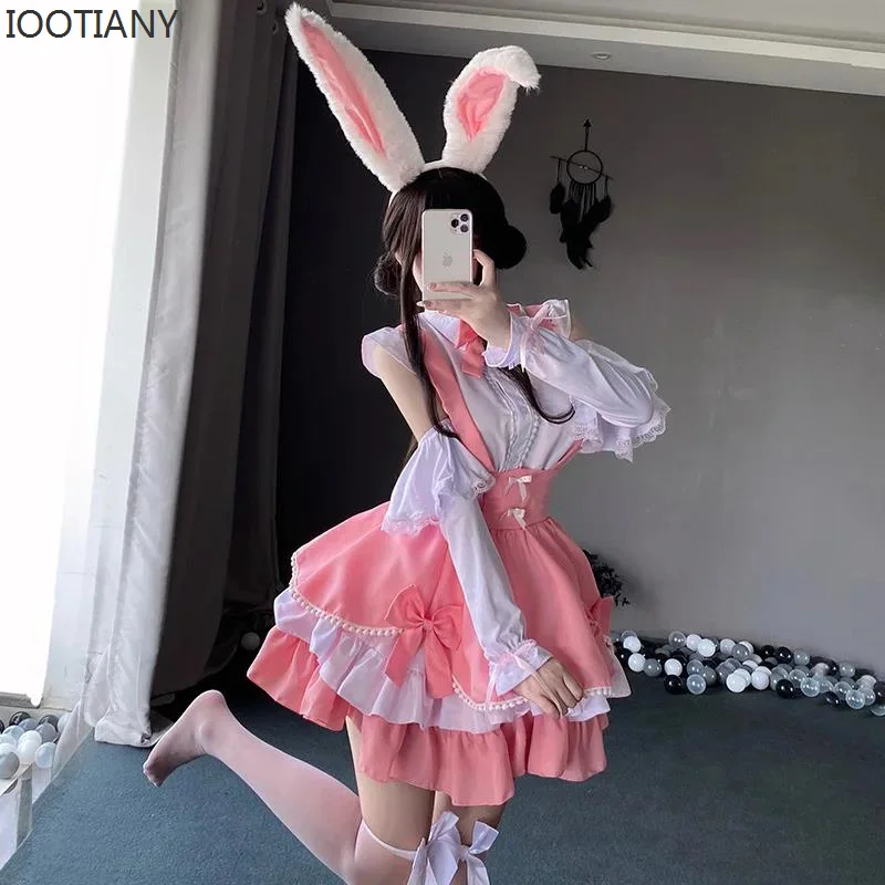 

Japanese Kawaii School Girl Maid Cosplay Costumes Lolita Bunny Role Play Sweet Pink Lolita Dress Halloween Waitress Uniform 2024