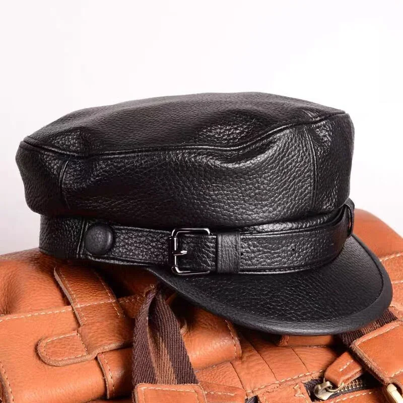Genuine Leather Flat Hat Men Germany Officer Visor Cap Locomotive Retro German Military Cortical Army