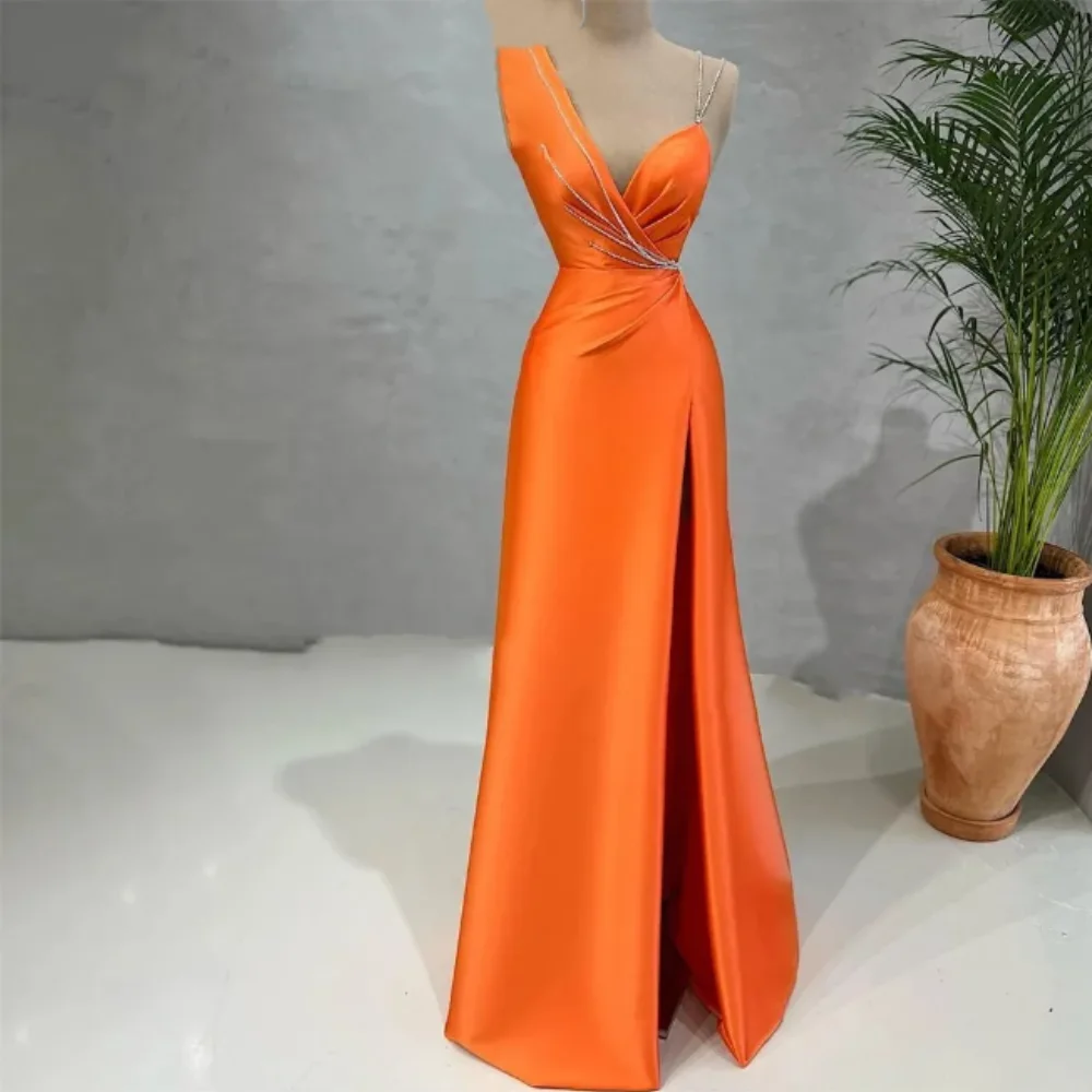 

Simple Orange Evening Dress 2024 New Spaghetti Straps One Shoulder A-Line Side Split Party Prom Gowns Custom Vestidos De Fiesta