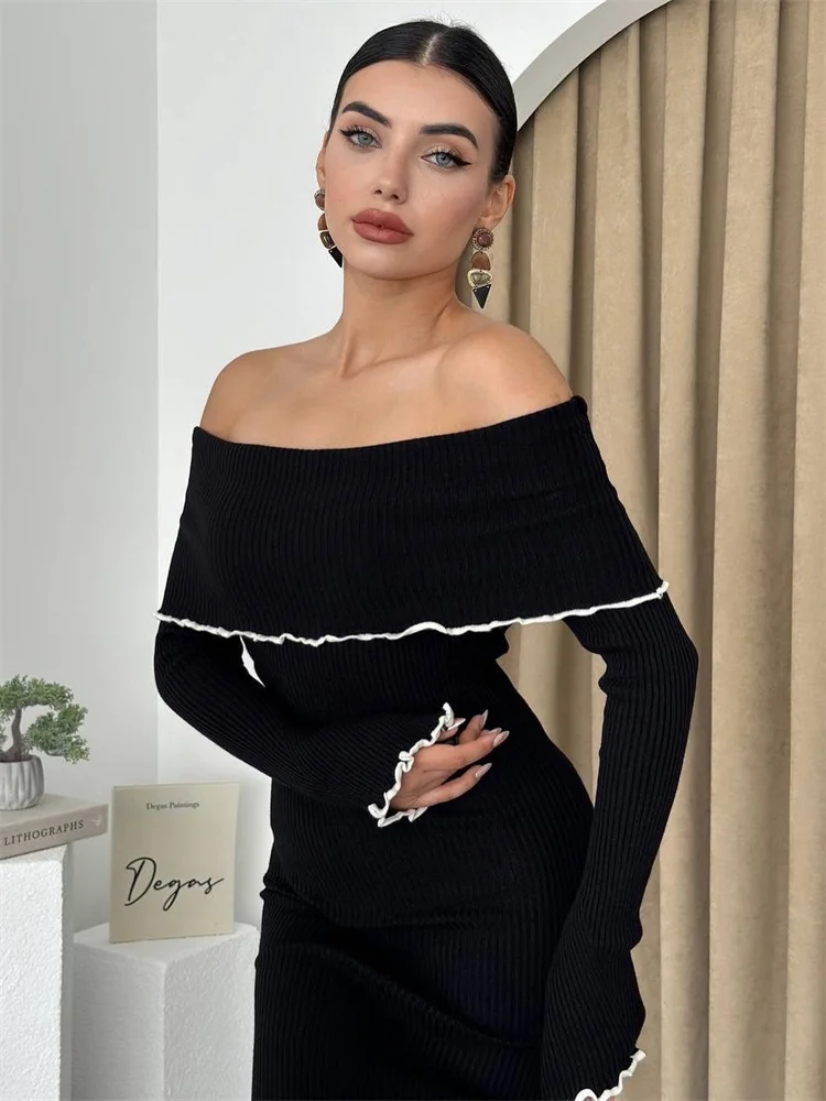 Ruffled Slim Knit Dress Women's Backless Long Sleeve Bandeau Contrast Autumn Party Dress Fashion Knitwear Maxi Dress
