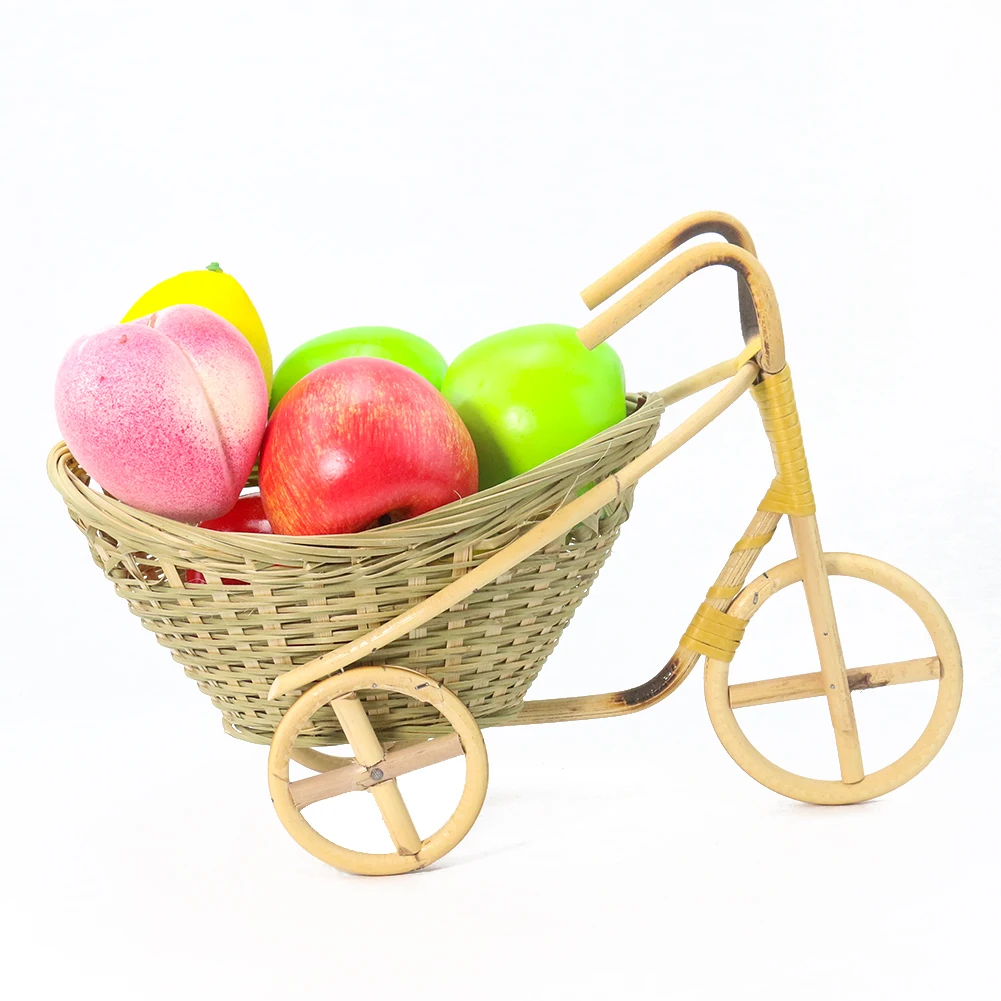 

36CM Handmade Bamboo Weave Wood Tricycle Pedicab Carriage Frame Basket Fruit Vegetable Storage Box Wedding Props Farmhouse Decor