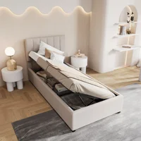 Lit d'enfant 90x200cm, lit simple rembourré, cadre de lit avec rangement hydraulique pour chambre d'enfant, appartement, beige, lin, sans matelas 1