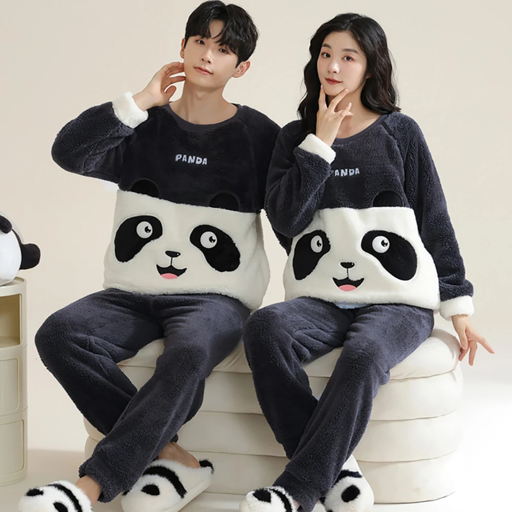 Autumn Winter Exquisite Flannel Thicken Warm Couple Sleepwear for Sleeping Cute Sweet Panda Pajamas for Men Antistatic Pijamas