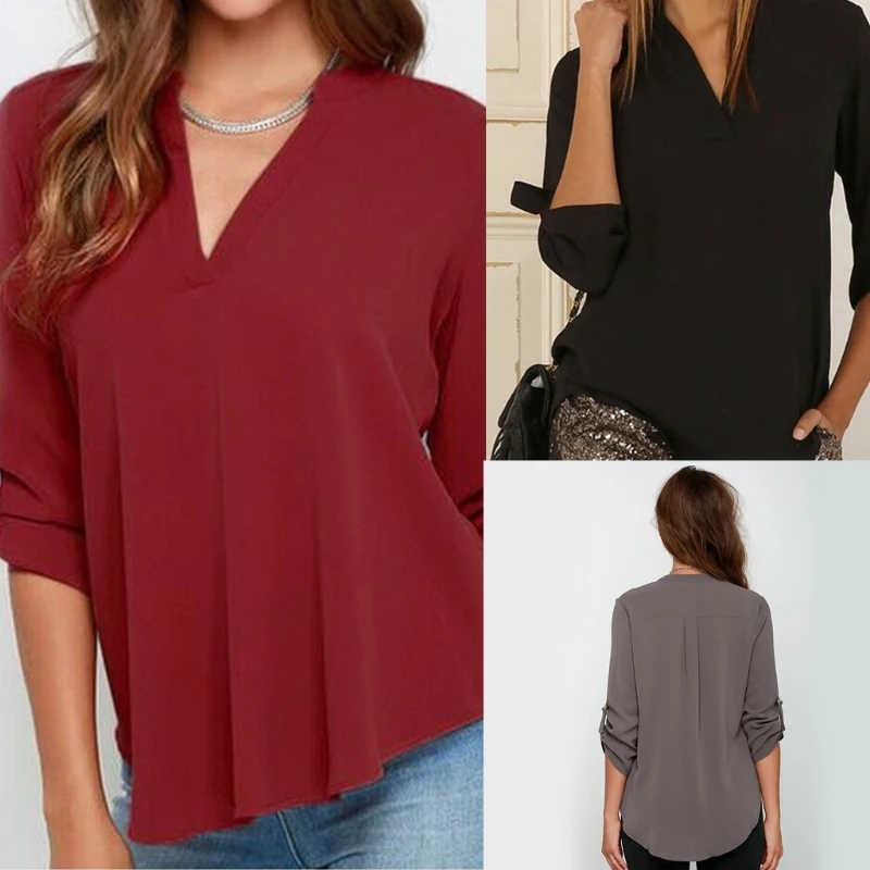 

Women V-neck Long Sleeve Shirts Loose Blouse Office Workwear Business Casual Tops Female Casual Chiffon Shirt M6CD