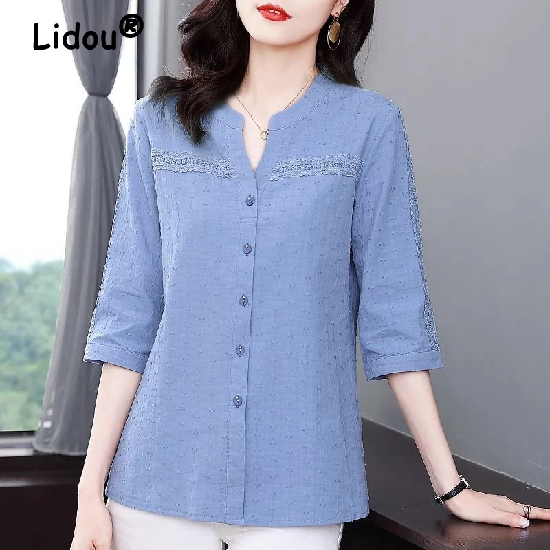 

Women Korean Fashion Lace Patchwork Button Up Shirt Elegant V Neck 3/4 Sleeve Blouse Casual Solid Cotton Loose Tops Blusas Mujer