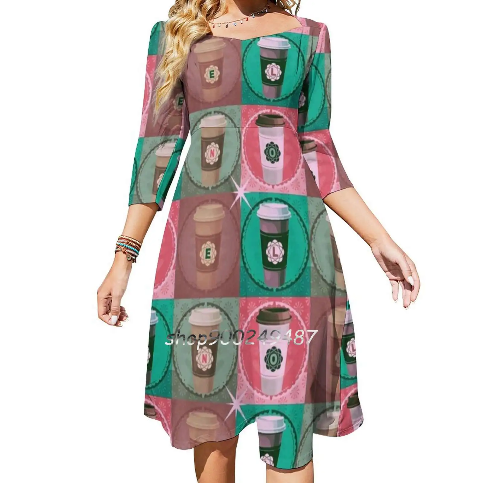 Java Noel Square Neck Dress New Plus Size Elegant Women Waist Tight Dress Java Coffee Caribou Pink Green Red Brown White Forest